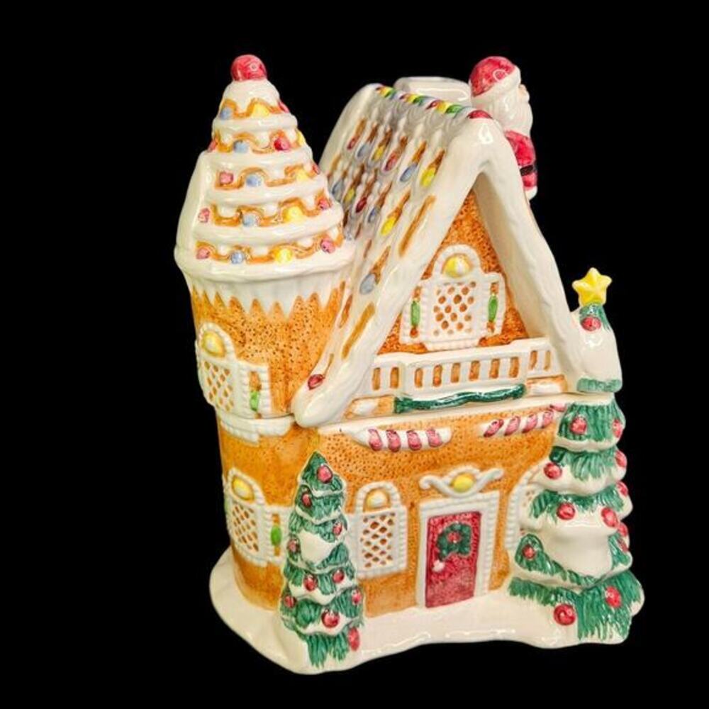 Fitz and Floyd Santa Claus Gingerbread House Christmas Cookie Jar Vtg 1995 READ
